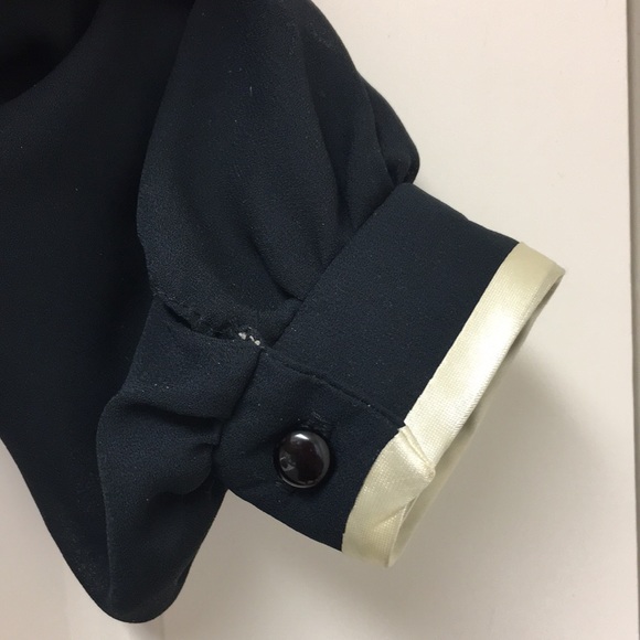 Elegant modest European Navy & ivory midi dress ruched tie waist from England - Picture 8 of 16